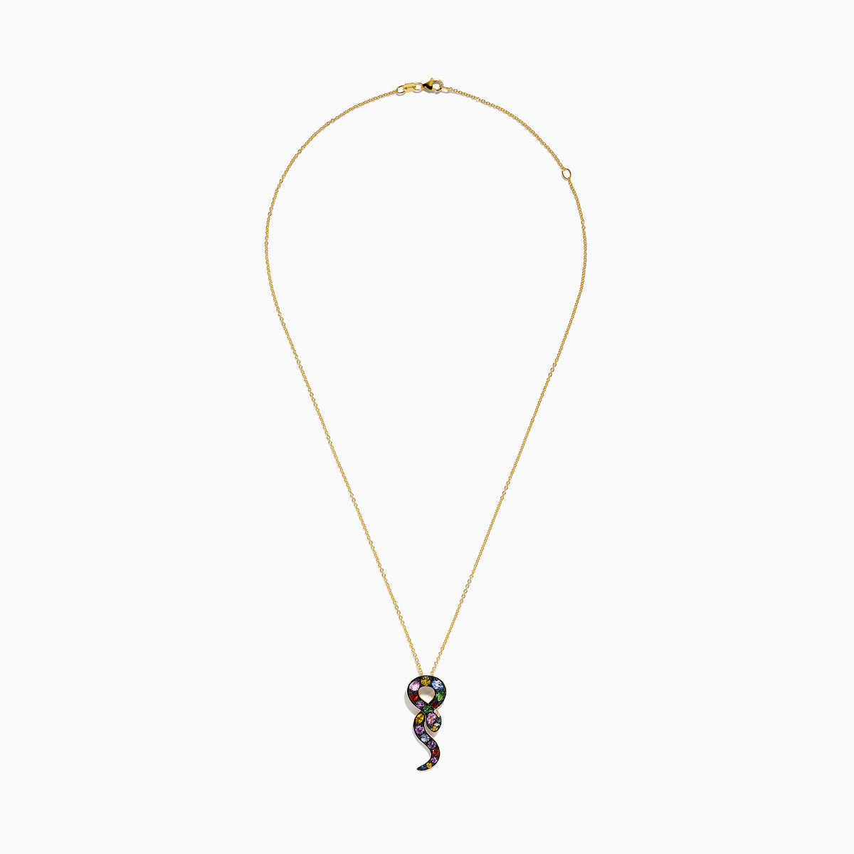 The Safari 14K Yellow Gold Multi Sapphire and Diamond Snake Pendant hangs on a gold chain, featuring sparkling sapphires and a diamond snake design against a plain white background.