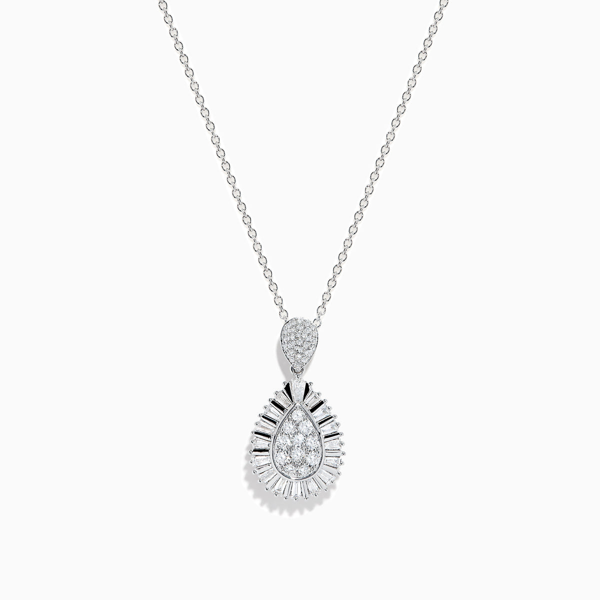 The Classique 14K White Gold Diamond Pendant features a teardrop-shaped diamond centerpiece, surrounded by sparkling diamonds in a sunburst design, suspended on a delicate white gold chain against a white background.