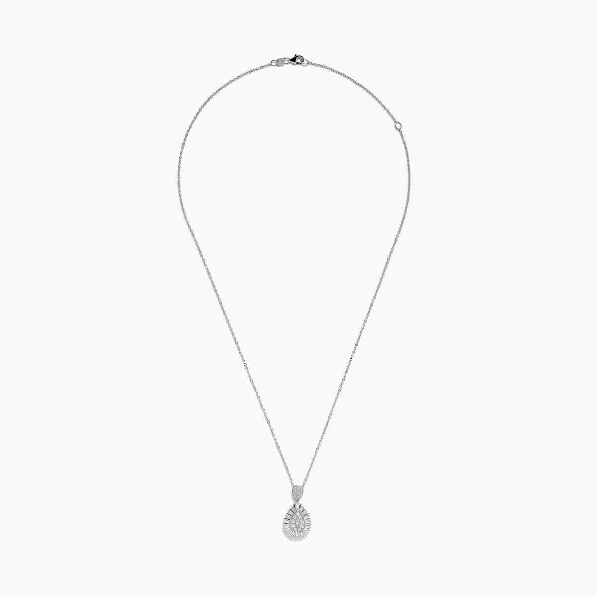 The Classique 14K White Gold Diamond Pendant features a teardrop-shaped diamond centerpiece, surrounded by sparkling diamonds in a sunburst design, suspended on a delicate white gold chain against a white background.