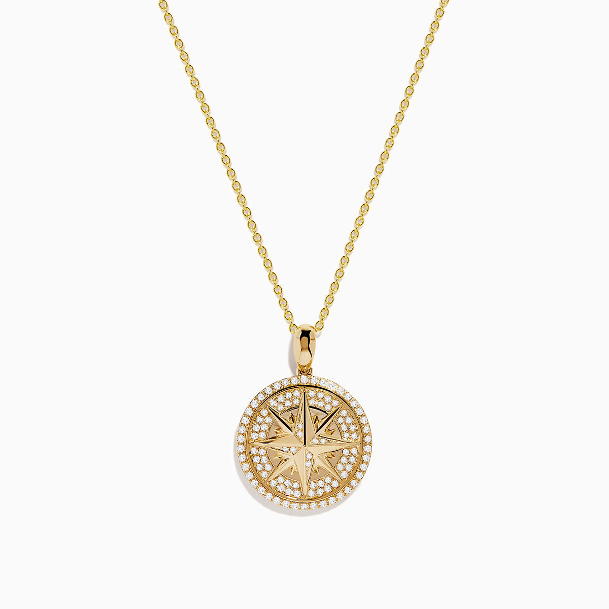 14K yellow gold diamond compass pendant featuring a round medallion with star design and sparkling diamonds around the edge, suspended on a delicate gold chain—a radiant look inspired by the Effy Pendant.