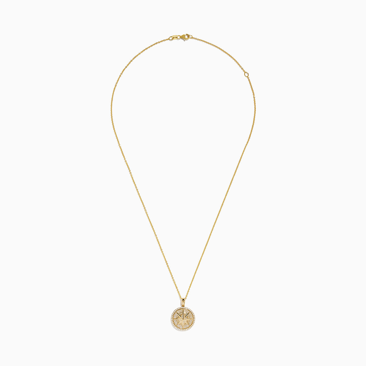 14K yellow gold diamond compass pendant featuring a round medallion with star design and sparkling diamonds around the edge, suspended on a delicate gold chain—a radiant look inspired by the Effy Pendant.