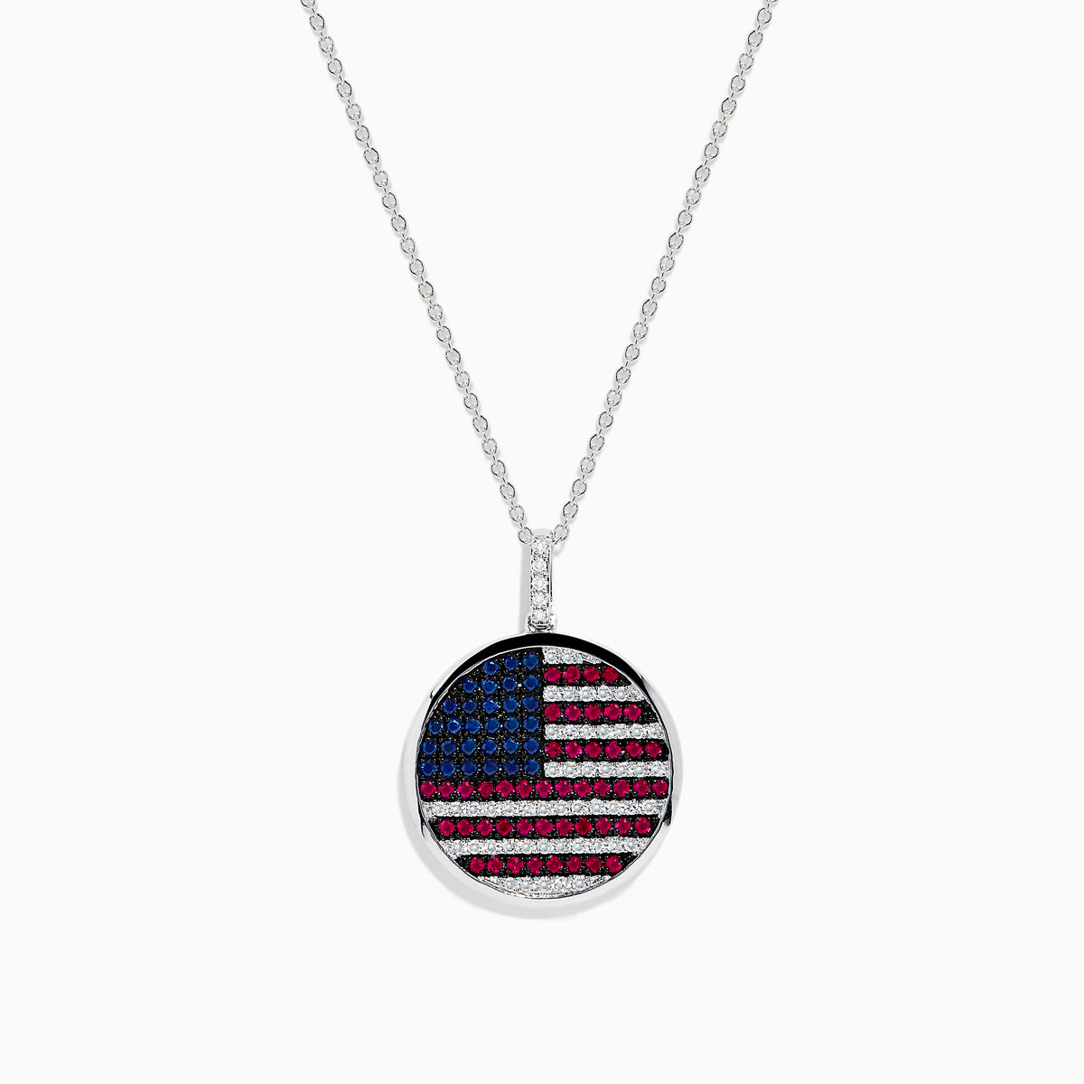 The Mens 925 Sterling Silver Sapphire, Ruby and Diamond Flag Pendant showcases a round American flag design with sapphires and diamonds for stars, plus rubies and diamonds forming the stripes.