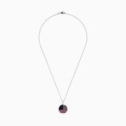 The Mens 925 Sterling Silver Sapphire, Ruby and Diamond Flag Pendant showcases a round American flag design with sapphires and diamonds for stars, plus rubies and diamonds forming the stripes.