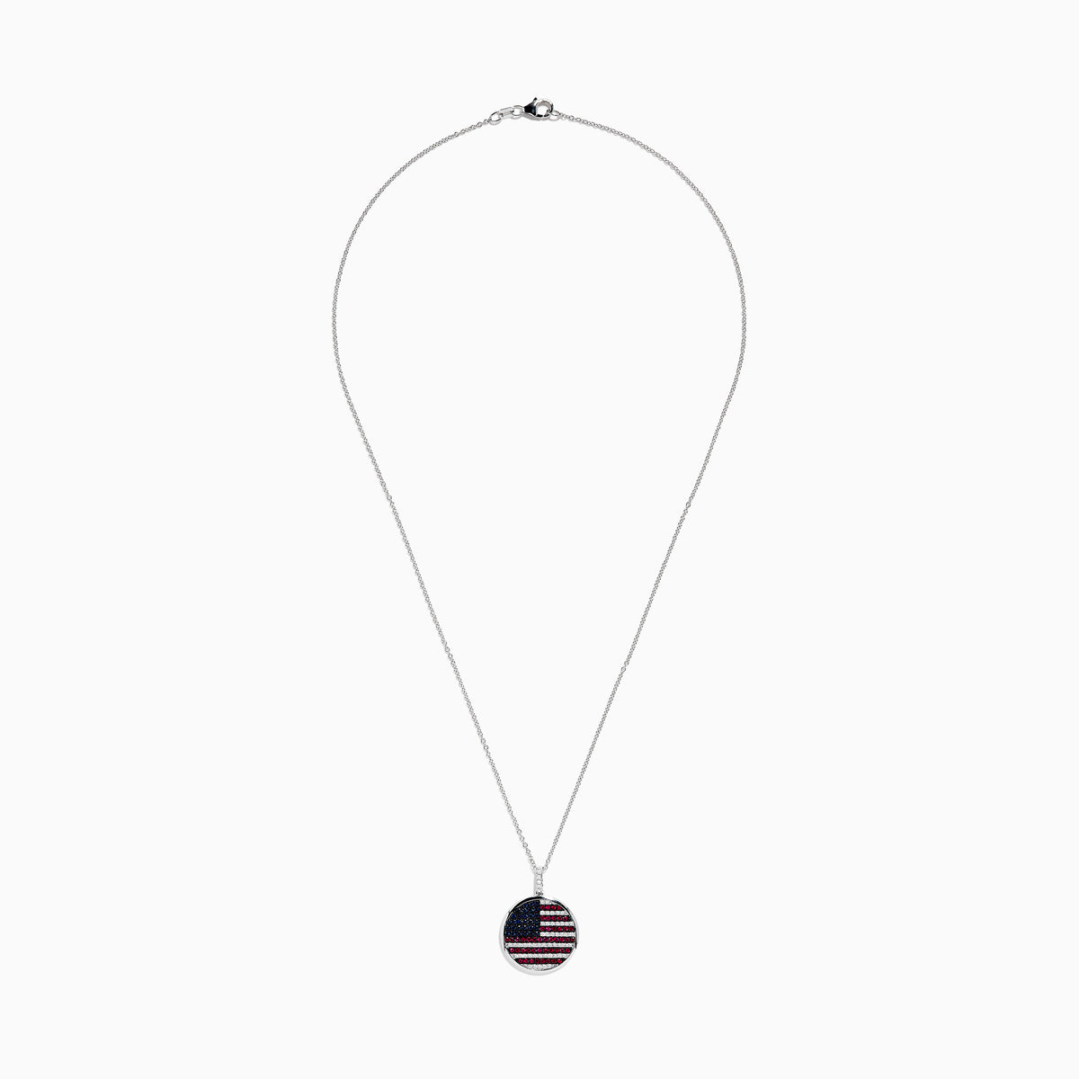 The Mens 925 Sterling Silver Sapphire, Ruby and Diamond Flag Pendant showcases a round American flag design with sapphires and diamonds for stars, plus rubies and diamonds forming the stripes.