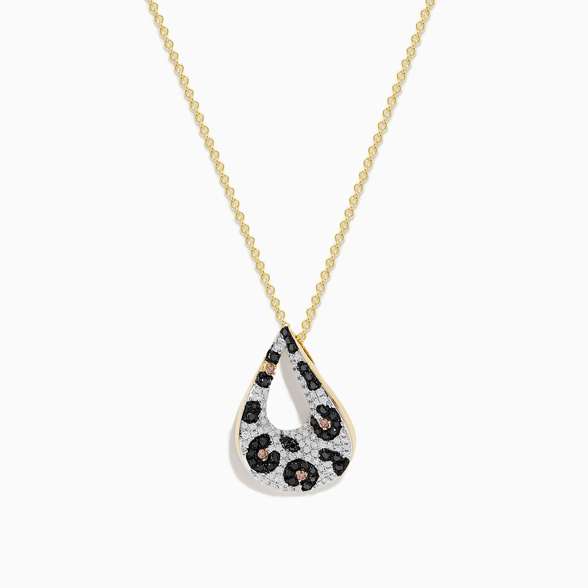 The Signature 14K Yellow Gold Multi Diamond Leopard Spot Pendant features a modern teardrop design with black, brown, and silver textured patterns, plus an open center for a stylish touch.