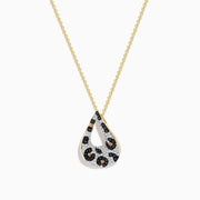 The Signature 14K Yellow Gold Multi Diamond Leopard Spot Pendant features a modern teardrop design with black, brown, and silver textured patterns, plus an open center for a stylish touch.