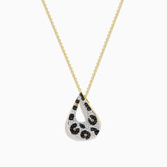 The Signature 14K Yellow Gold Multi Diamond Leopard Spot Pendant features a modern teardrop design with black, brown, and silver textured patterns, plus an open center for a stylish touch.