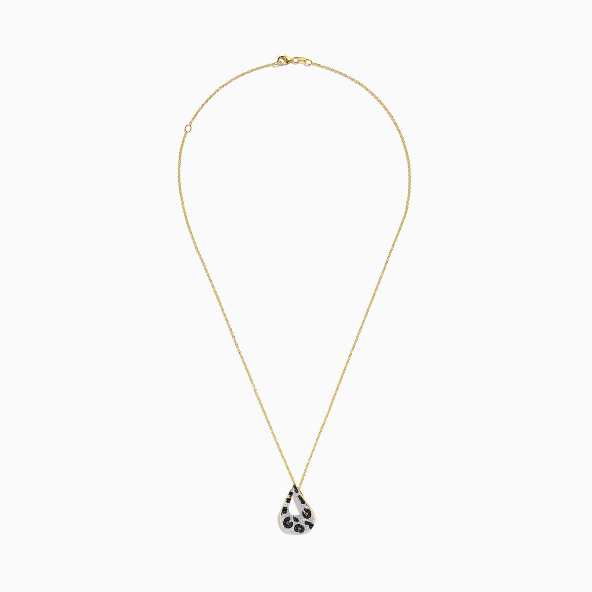 The Signature 14K Yellow Gold Multi Diamond Leopard Spot Pendant features a modern teardrop design with black, brown, and silver textured patterns, plus an open center for a stylish touch.