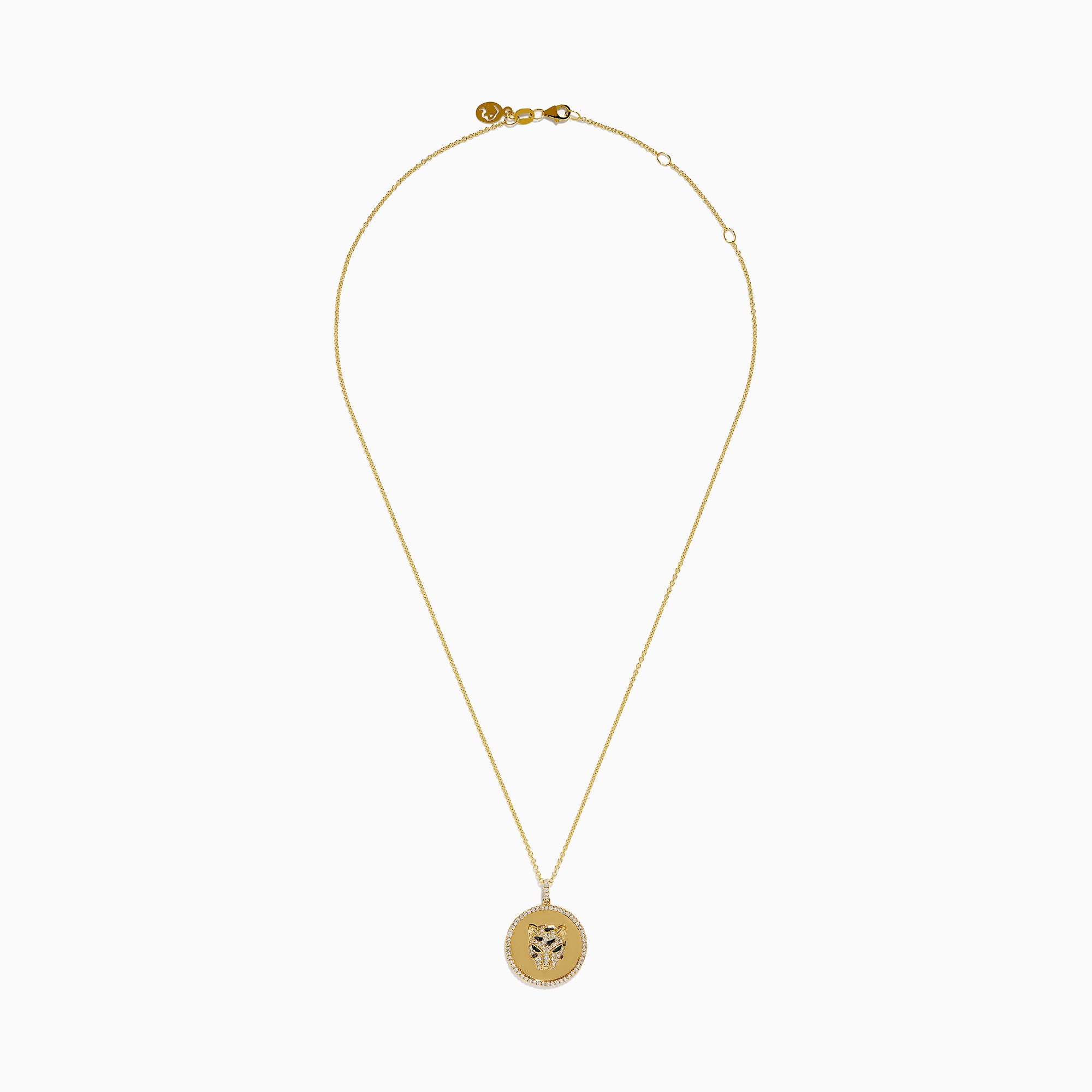 Signature 14K Yellow Gold Diamond and Emerald Panther Pendant features a round medallion with sparkling diamonds, emerald accents, and a delicate gold chain. Displayed against a white background.
