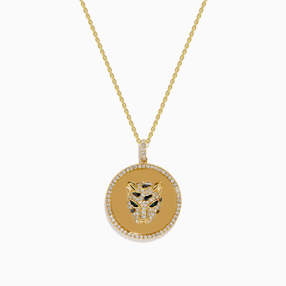 Signature 14K Yellow Gold Diamond and Emerald Panther Pendant features a round medallion with sparkling diamonds, emerald accents, and a delicate gold chain. Displayed against a white background.