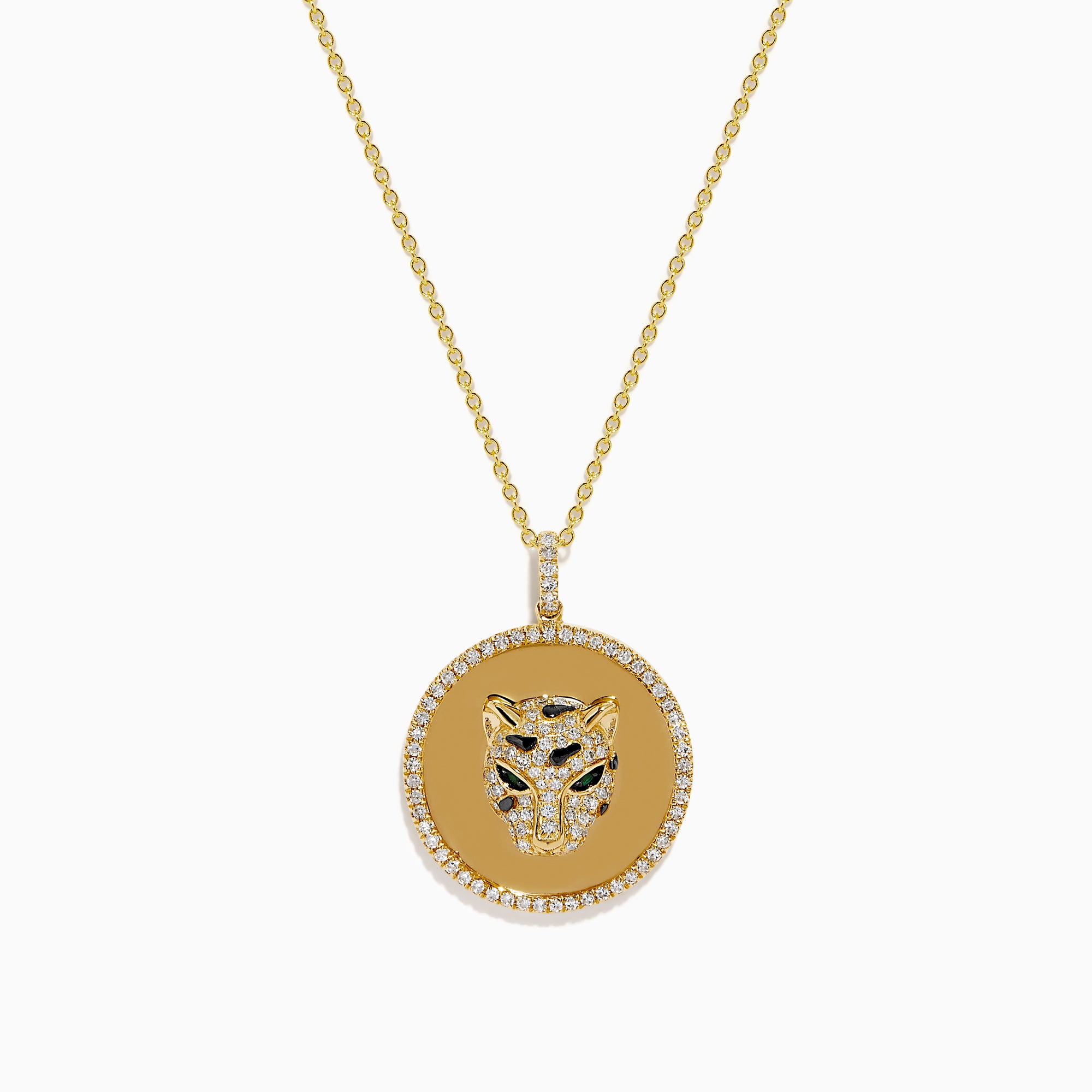 Signature 14K Yellow Gold Diamond and Emerald Panther Pendant features a round medallion with sparkling diamonds, emerald accents, and a delicate gold chain. Displayed against a white background.