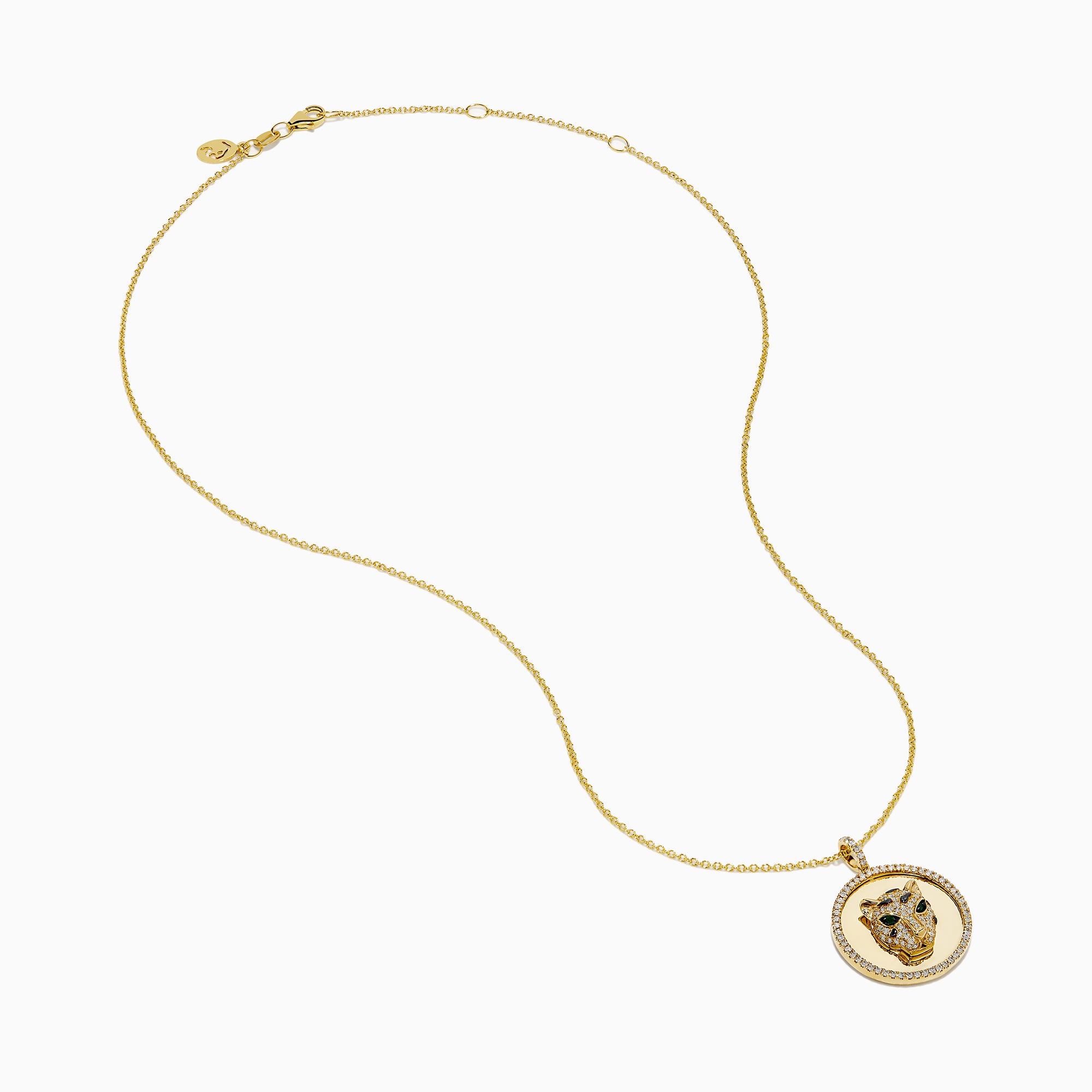 Signature 14K Yellow Gold Diamond and Emerald Panther Pendant features a round medallion with sparkling diamonds, emerald accents, and a delicate gold chain. Displayed against a white background.