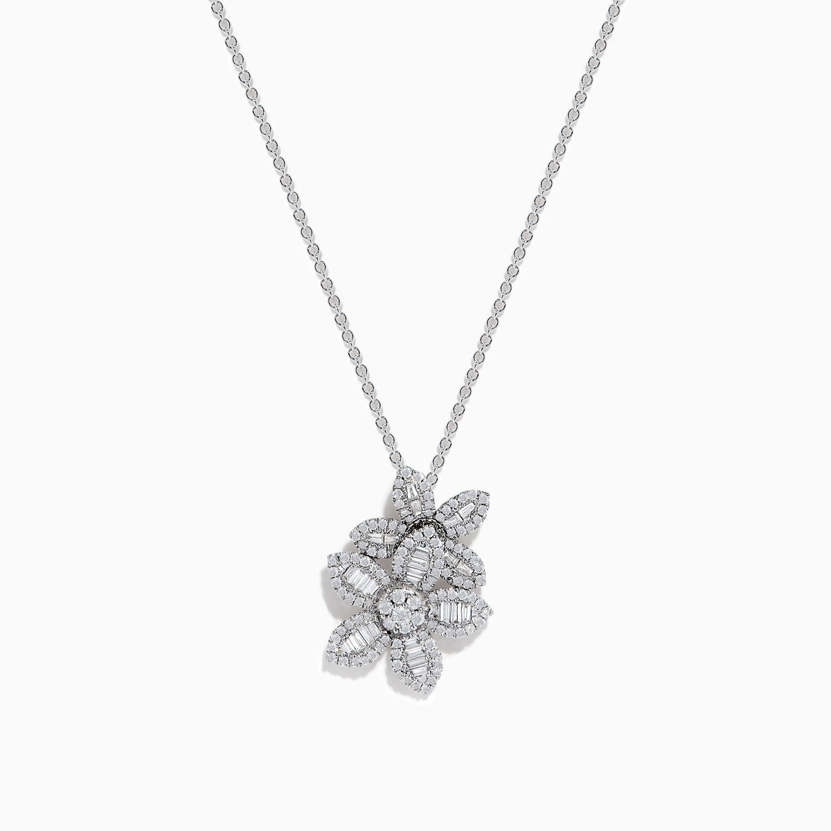 The Nature 14K White Gold Diamond Flower Pendant features a bloom-shaped design with petal details encrusted in sparkling diamonds, elegantly suspended from a delicate chain—a stunning creation by Effy.
