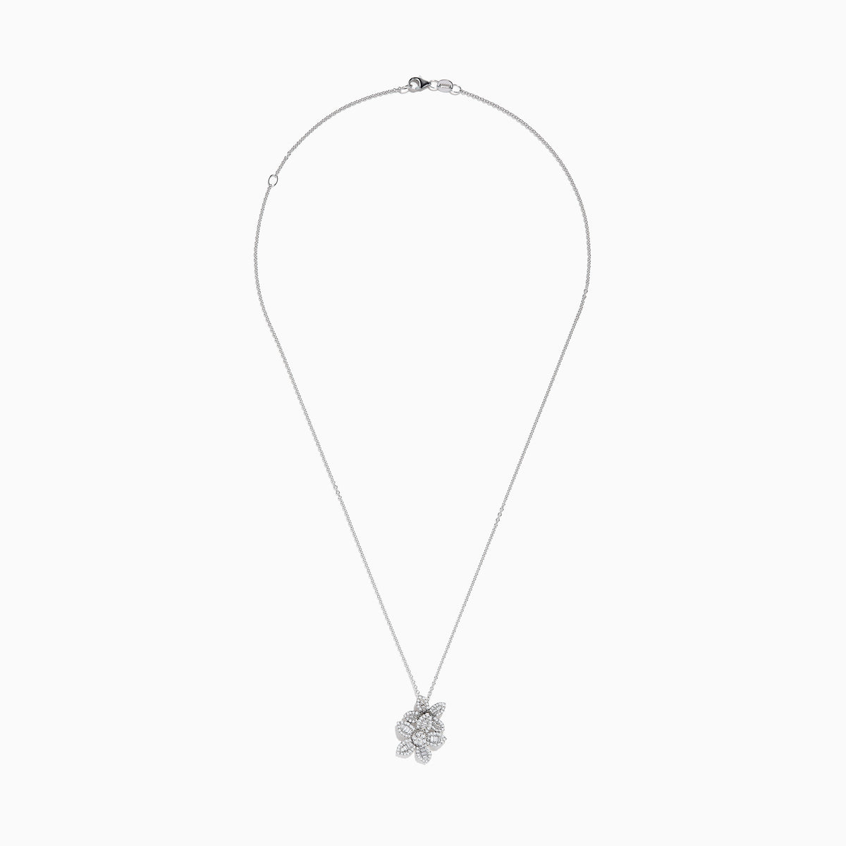 The Nature 14K White Gold Diamond Flower Pendant features a bloom-shaped design with petal details encrusted in sparkling diamonds, elegantly suspended from a delicate chain—a stunning creation by Effy.