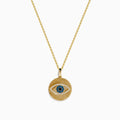 The Novelty 14K Yellow Gold Blue, White and Black Diamond Evil Eye Pendant features a striking eye design and sparkling diamonds—an eye-catching addition to any jewelry collection.