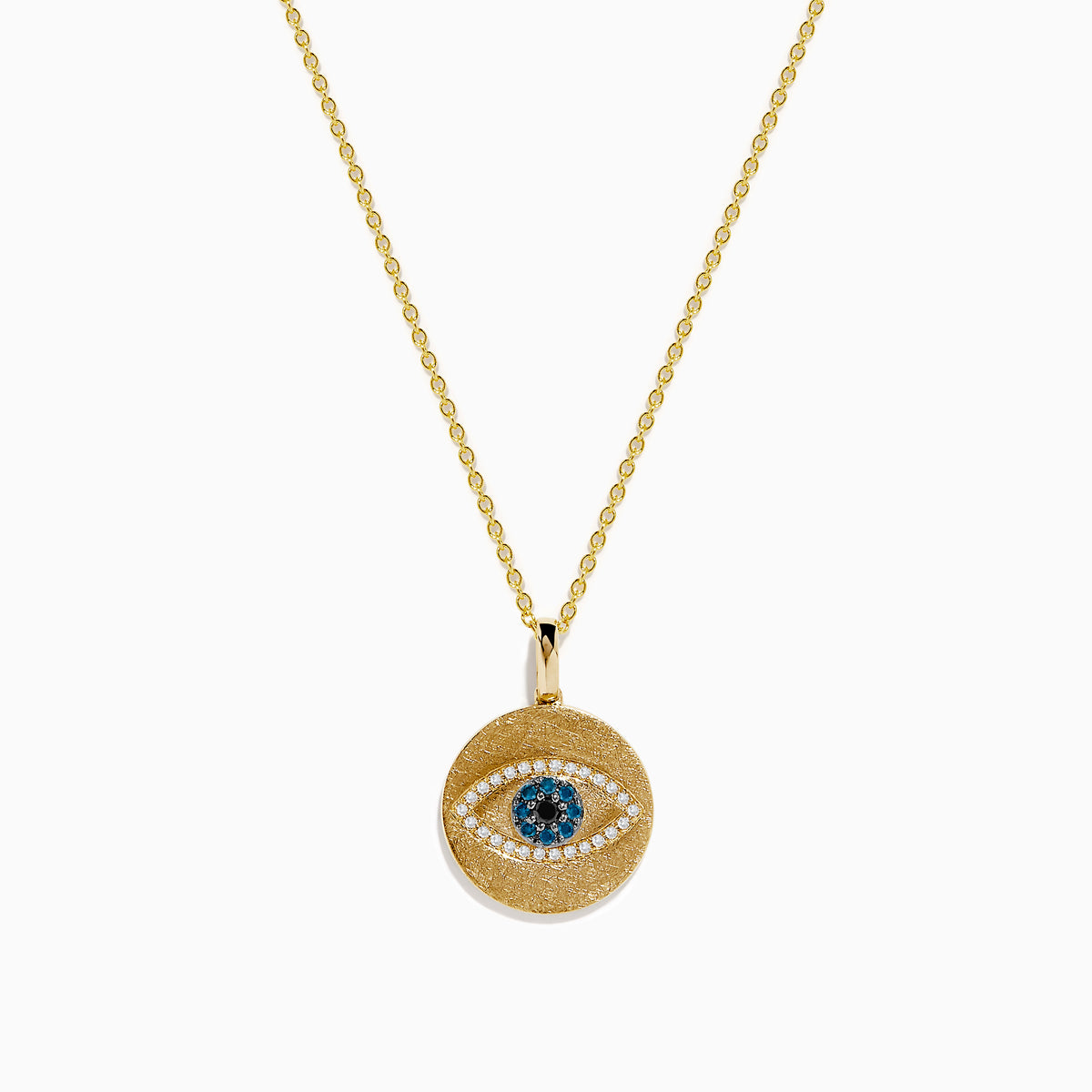 The Novelty 14K Yellow Gold Blue, White and Black Diamond Evil Eye Pendant features a striking eye design and sparkling diamonds—an eye-catching addition to any jewelry collection.