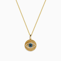 The Novelty 14K Yellow Gold Blue, White and Black Diamond Evil Eye Pendant features a striking eye design and sparkling diamonds—an eye-catching addition to any jewelry collection.