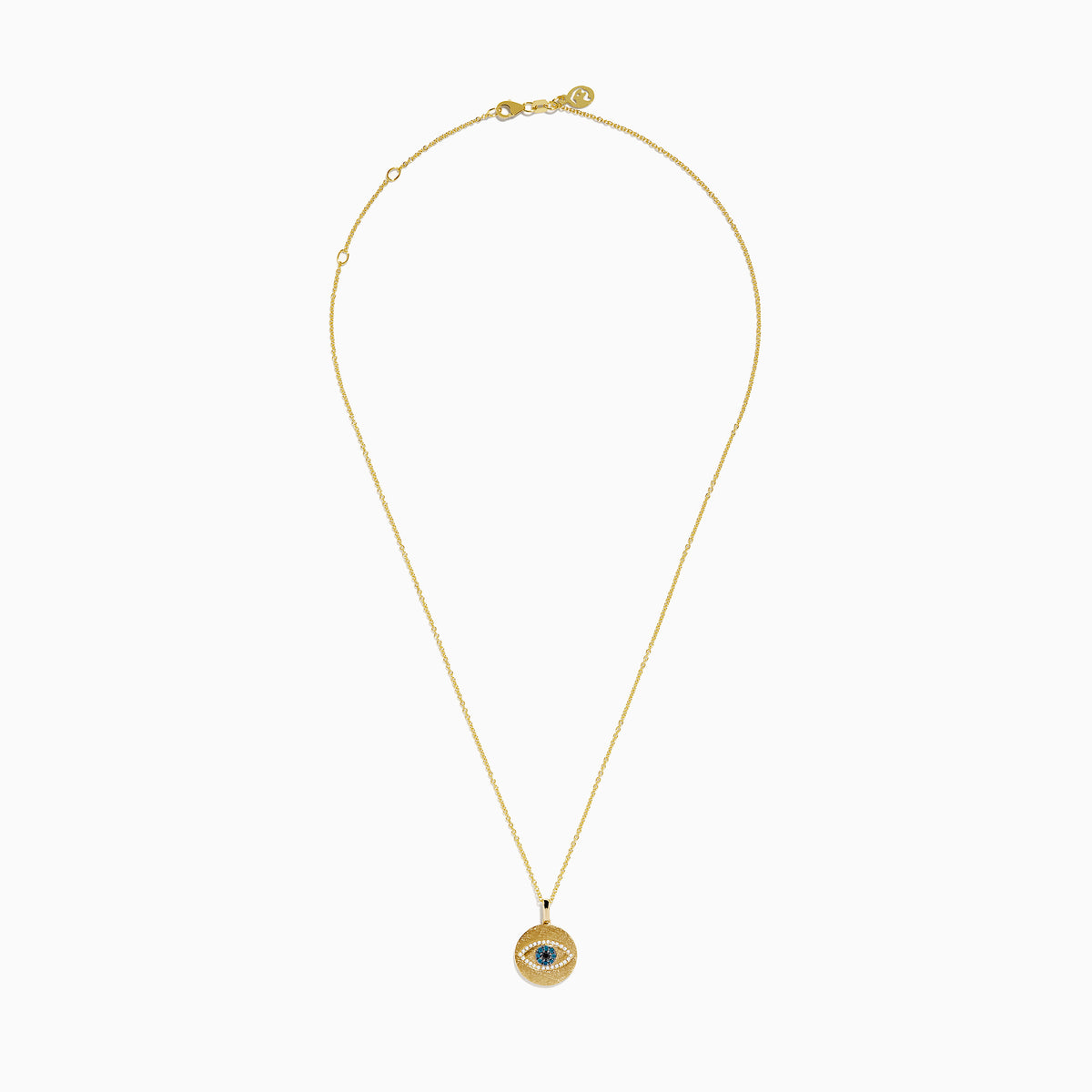 The Novelty 14K Yellow Gold Blue, White and Black Diamond Evil Eye Pendant features a striking eye design and sparkling diamonds—an eye-catching addition to any jewelry collection.