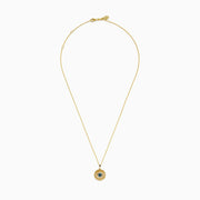 The Novelty 14K Yellow Gold Blue, White and Black Diamond Evil Eye Pendant features a striking eye design and sparkling diamonds—an eye-catching addition to any jewelry collection.