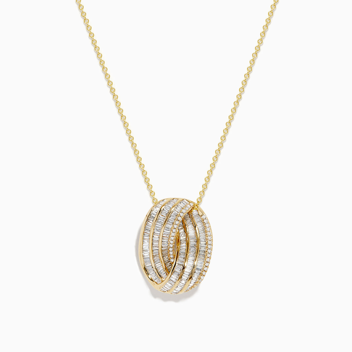 The Doro 14K Yellow Gold Diamond Crossover Pendant (1.03 TCW) features overlapping bands set with sparkling diamonds, elegantly crafted on a gold chain.