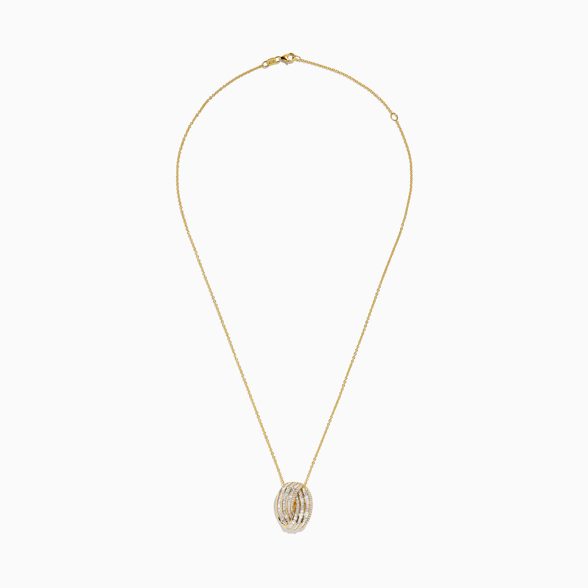 The Doro 14K Yellow Gold Diamond Crossover Pendant (1.03 TCW) features overlapping bands set with sparkling diamonds, elegantly crafted on a gold chain.