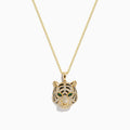 The Safari 14K Yellow Gold Diamond and Emerald Tiger Pendant features a tiger’s head with clear stones and green gemstone eyes, displayed on a white background.