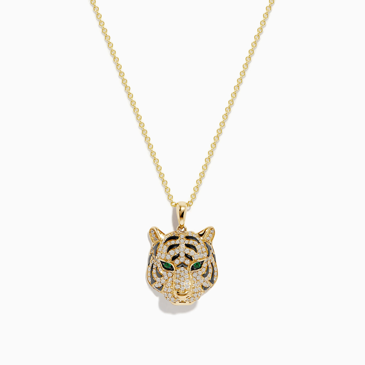 The Safari 14K Yellow Gold Diamond and Emerald Tiger Pendant features a tiger’s head with clear stones and green gemstone eyes, displayed on a white background.