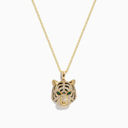 The Safari 14K Yellow Gold Diamond and Emerald Tiger Pendant features a tiger’s head with clear stones and green gemstone eyes, displayed on a white background.