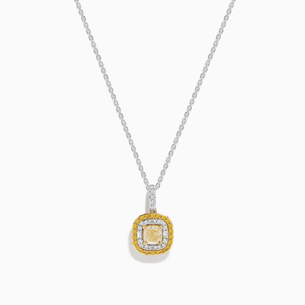 The Canare 14K 2-Tone Gold Cushion Double Halo Yellow Diamond Pendant showcases a square yellow diamond with two halos—smaller yellow stones and clear stones—on a delicate silver chain necklace.