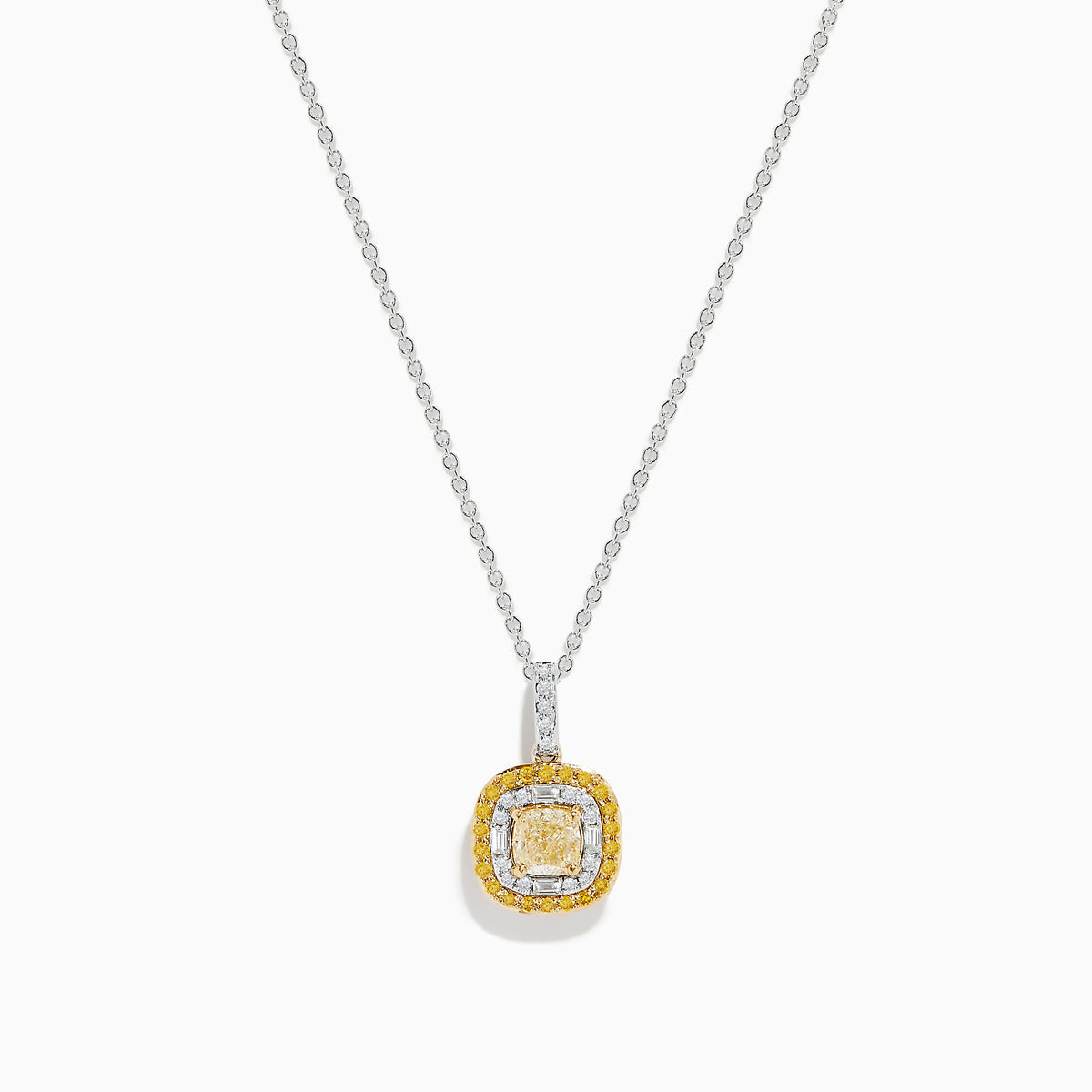 The Canare 14K 2-Tone Gold Cushion Double Halo Yellow Diamond Pendant showcases a square yellow diamond with two halos—smaller yellow stones and clear stones—on a delicate silver chain necklace.