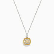 The Canare 14K 2-Tone Gold Cushion Double Halo Yellow Diamond Pendant showcases a square yellow diamond with two halos—smaller yellow stones and clear stones—on a delicate silver chain necklace.