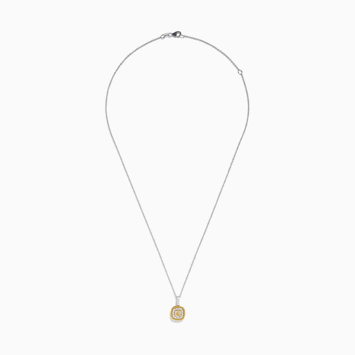 The Canare 14K 2-Tone Gold Cushion Double Halo Yellow Diamond Pendant showcases a square yellow diamond with two halos—smaller yellow stones and clear stones—on a delicate silver chain necklace.
