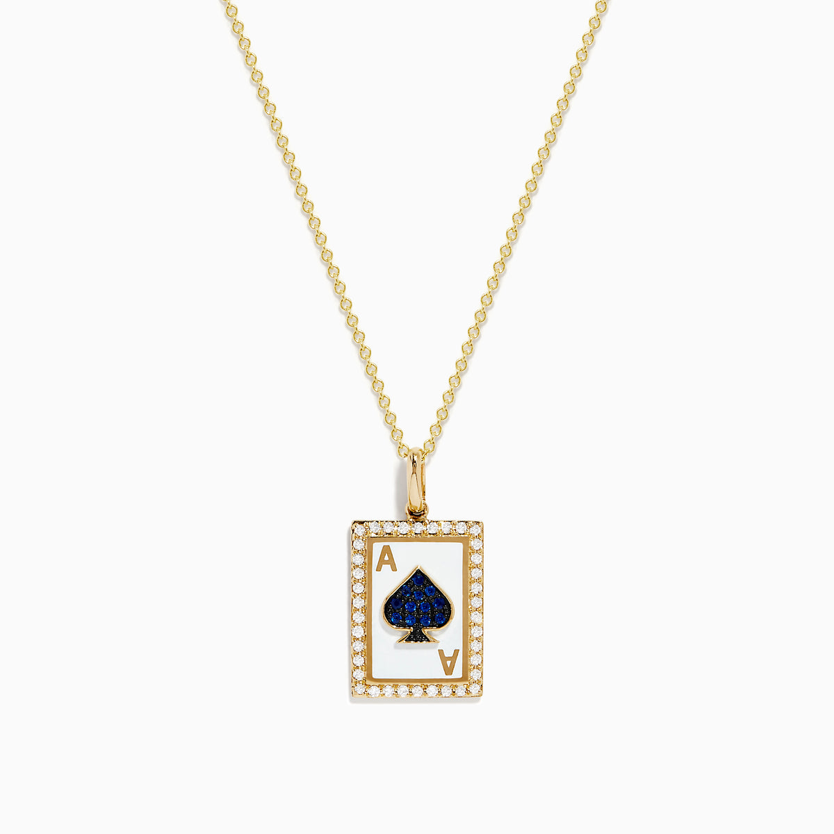 The Casino 14K Yellow Gold Diamond and Sapphire Spade Card Pendant is a yellow gold necklace with a rectangular ace of spades design, diamond accents, and a large sapphire blue spade in the center.
