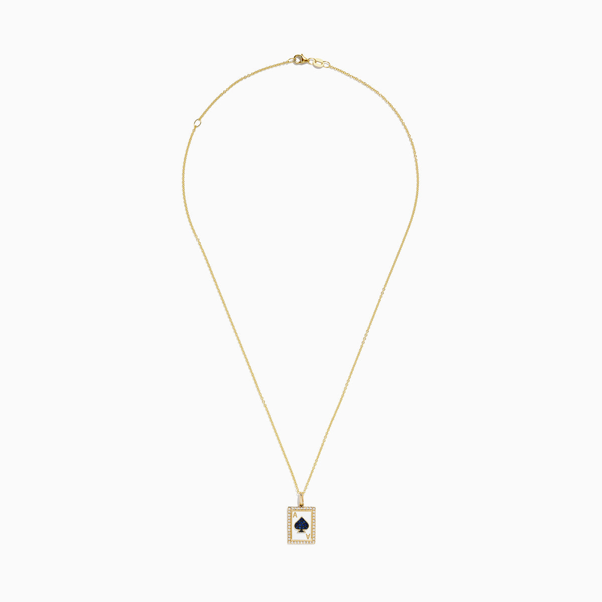 The Casino 14K Yellow Gold Diamond and Sapphire Spade Card Pendant is a yellow gold necklace with a rectangular ace of spades design, diamond accents, and a large sapphire blue spade in the center.