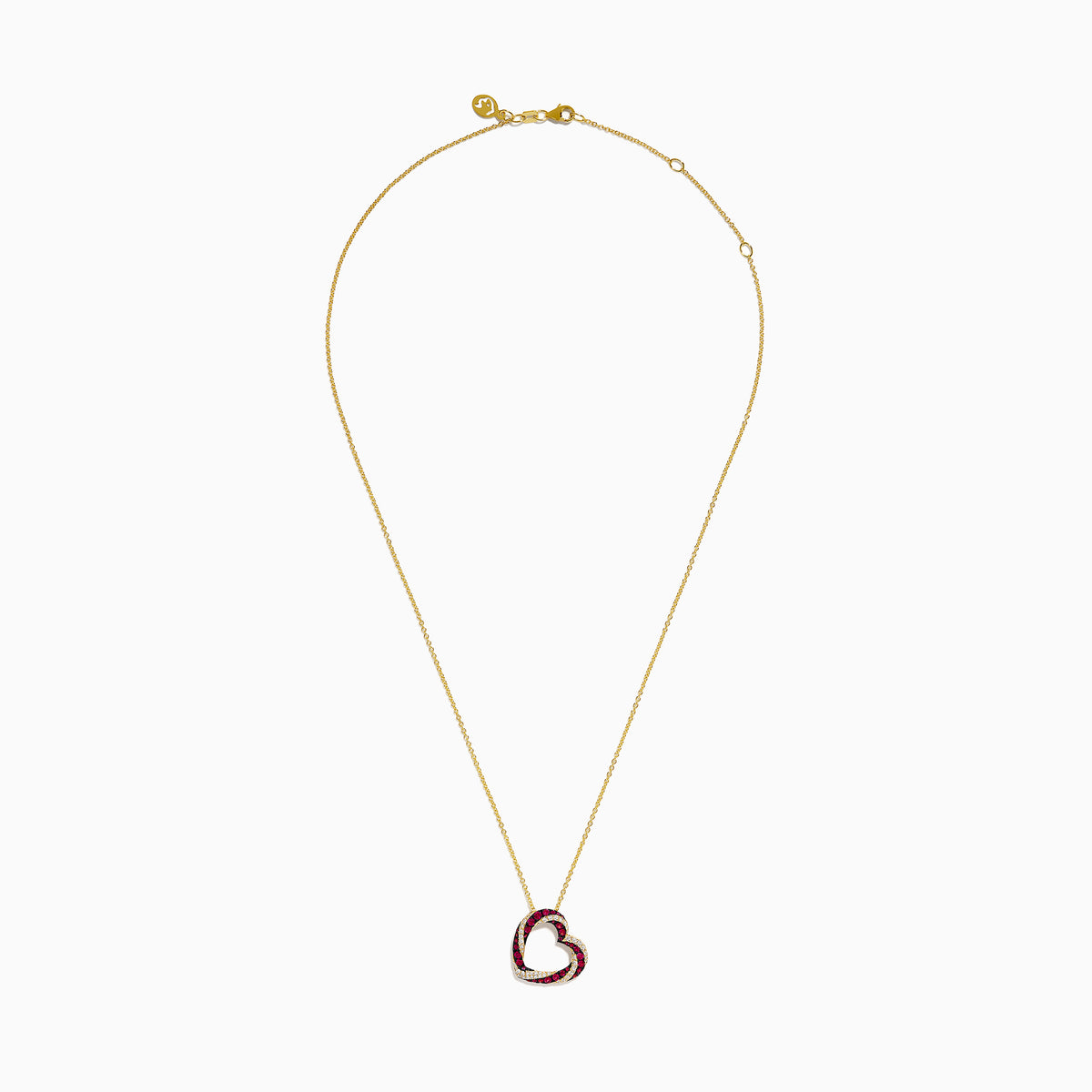The 14K Yellow Gold Ruby and Diamond Pave Heart Pendant features an open heart design set with alternating red rubies and white diamonds on a gold chain.