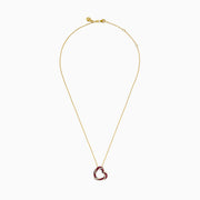 The 14K Yellow Gold Ruby and Diamond Pave Heart Pendant features an open heart design set with alternating red rubies and white diamonds on a gold chain.