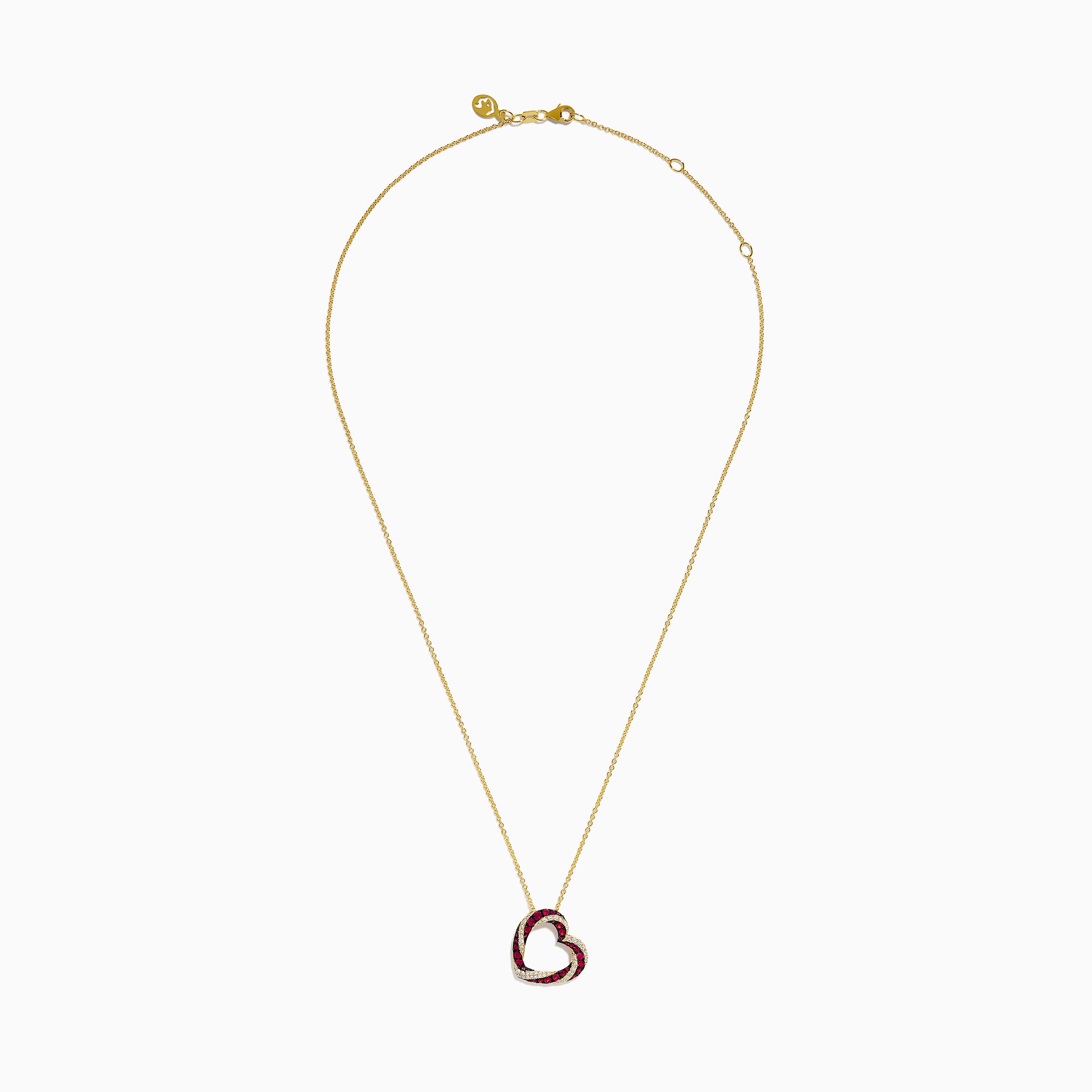 The 14K Yellow Gold Ruby and Diamond Pave Heart Pendant features an open heart design set with alternating red rubies and white diamonds on a gold chain.