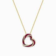 The 14K Yellow Gold Ruby and Diamond Pave Heart Pendant features an open heart design set with alternating red rubies and white diamonds on a gold chain.