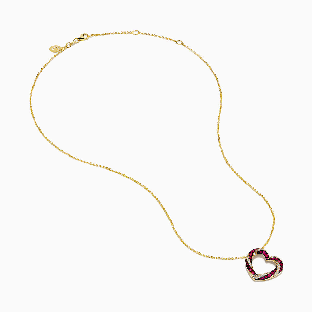The 14K Yellow Gold Ruby and Diamond Pave Heart Pendant features an open heart design set with alternating red rubies and white diamonds on a gold chain.
