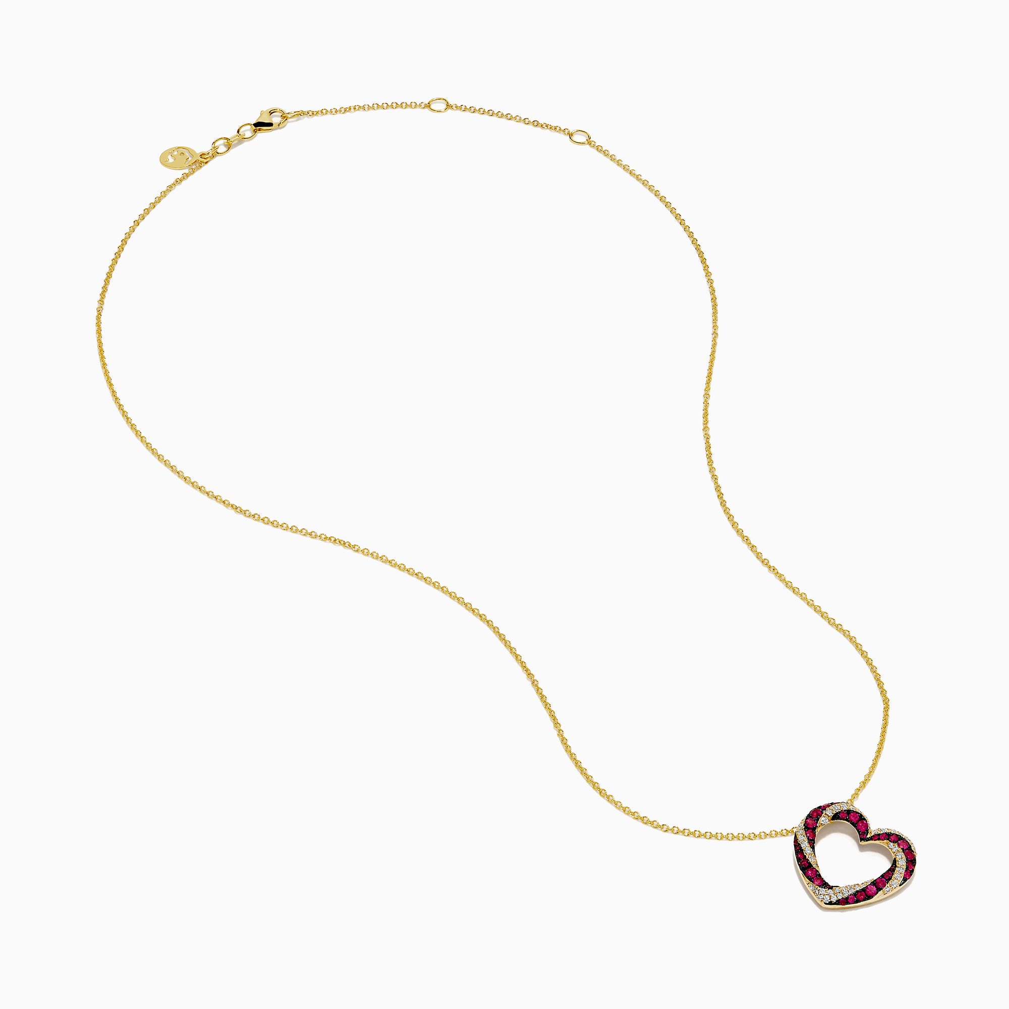 The 14K Yellow Gold Ruby and Diamond Pave Heart Pendant features an open heart design set with alternating red rubies and white diamonds on a gold chain.