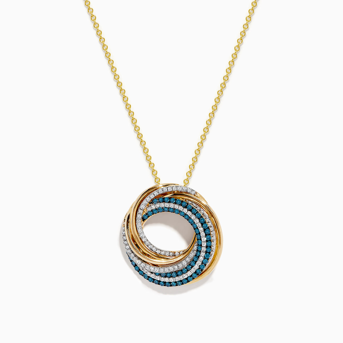 A 14K Yellow Gold Blue and White Diamond Circle Pendant with intertwined loops of gold, silver, and blue pavé-set stones in a swirling design reminiscent of an elegant Blue Diamond Pendant.