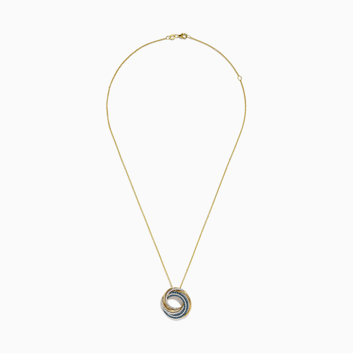 A 14K Yellow Gold Blue and White Diamond Circle Pendant with intertwined loops of gold, silver, and blue pavé-set stones in a swirling design reminiscent of an elegant Blue Diamond Pendant.