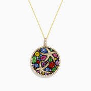 The Watercolors 14K Yellow Gold Multi Sapphire and Starfish Diamond Pendant features colorful sapphires in various shapes and sparkling diamonds forming starfish accents on a gold necklace.