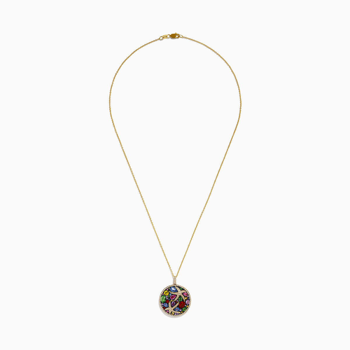 The Watercolors 14K Yellow Gold Multi Sapphire and Starfish Diamond Pendant features colorful sapphires in various shapes and sparkling diamonds forming starfish accents on a gold necklace.