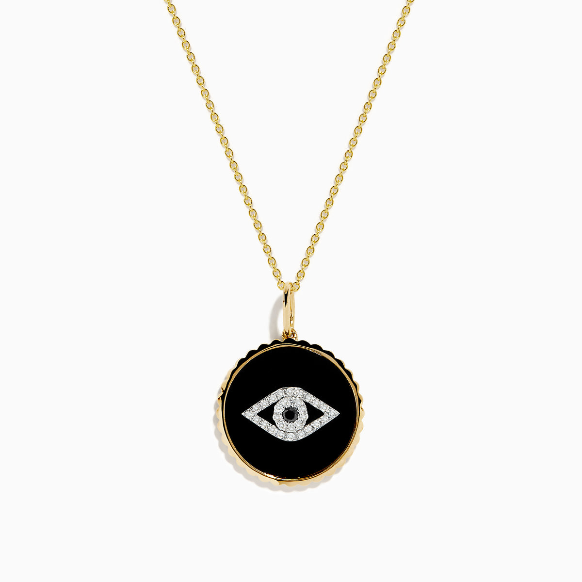 The Novelty 14K Yellow Gold Black Agate and Diamond Evil Eye Pendant features a round black agate with a diamond-studded evil eye on a gold chain, shown against a white background.