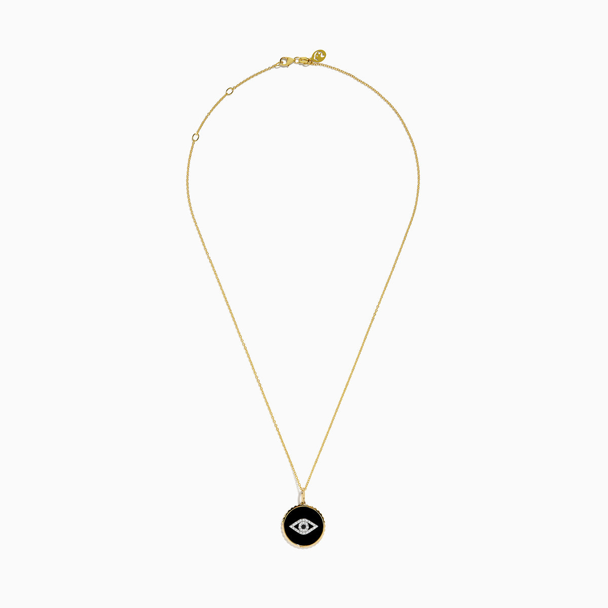 The Novelty 14K Yellow Gold Black Agate and Diamond Evil Eye Pendant features a round black agate with a diamond-studded evil eye on a gold chain, shown against a white background.
