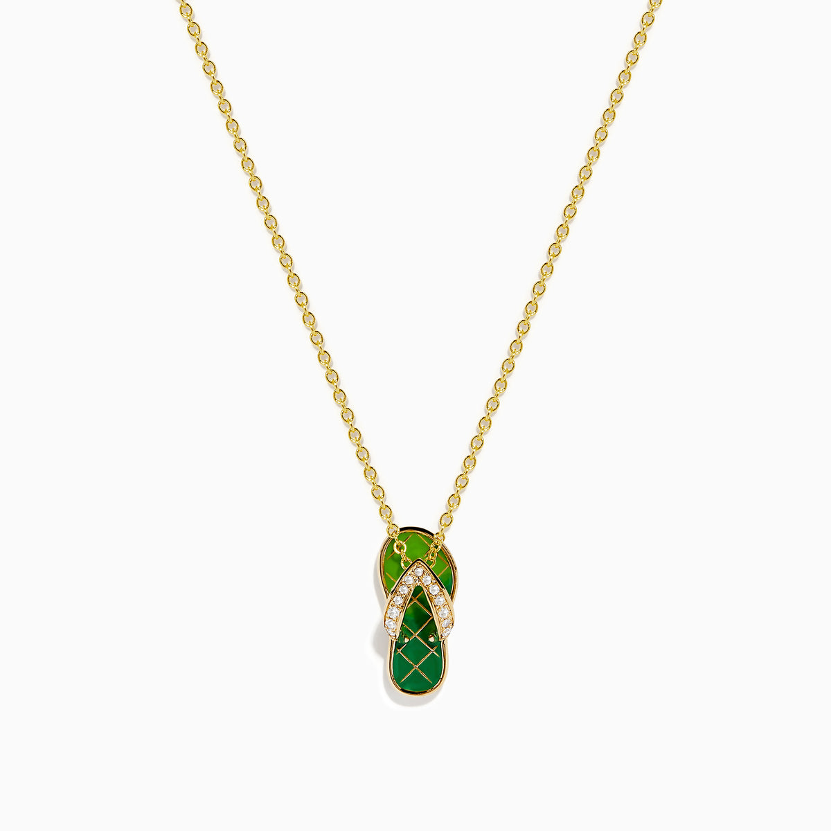 The Novelty 14K Yellow Gold Enamel Flip Flop Pendant features a green enamel flip flop accented with small white crystals on the straps, shown on a white background.