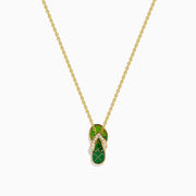 The Novelty 14K Yellow Gold Enamel Flip Flop Pendant features a green enamel flip flop accented with small white crystals on the straps, shown on a white background.
