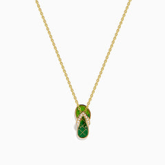 The Novelty 14K Yellow Gold Enamel Flip Flop Pendant features a green enamel flip flop accented with small white crystals on the straps, shown on a white background.