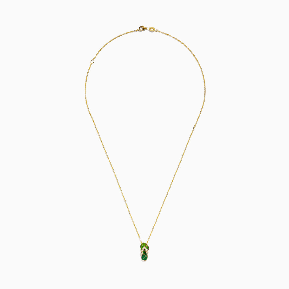 The Novelty 14K Yellow Gold Enamel Flip Flop Pendant features a green enamel flip flop accented with small white crystals on the straps, shown on a white background.